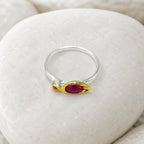 Dainty Ring with Red Gemstone, Handmade Minimalist Jewelry, Sterling Silver 925 Two-Tone Band, Dual Gem, Everyday Wear Gift for Women