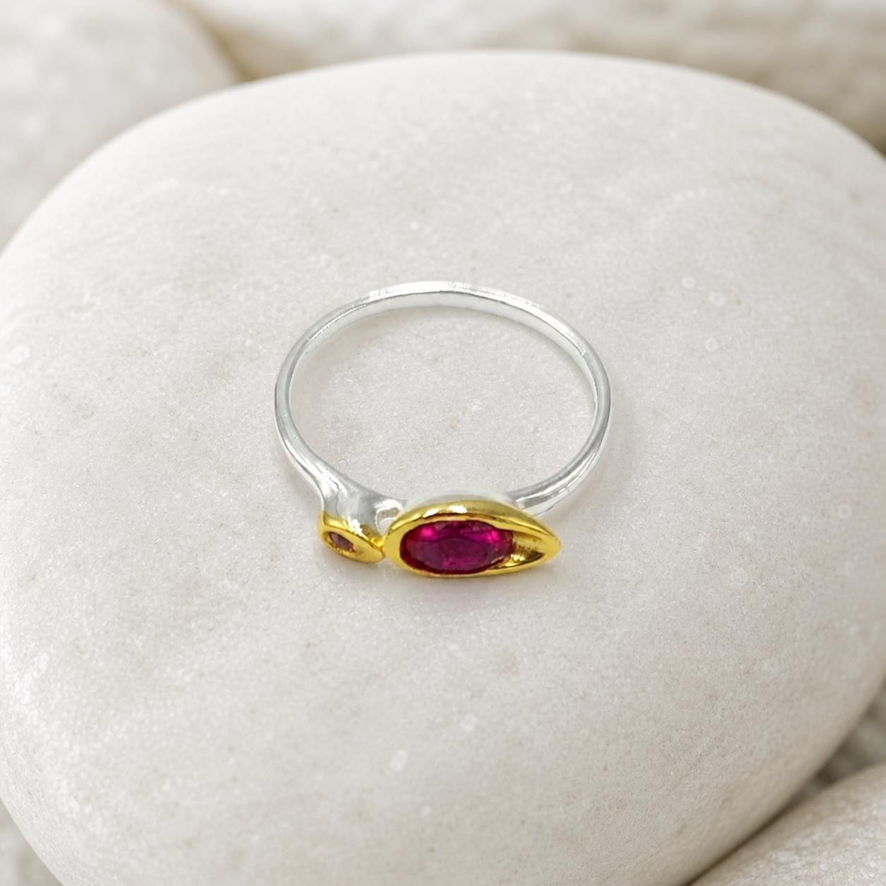 Dainty Ring with Red Gemstone, Handmade Minimalist Jewelry, Sterling Silver 925 Two-Tone Band, Dual Gem, Everyday Wear Gift for Women