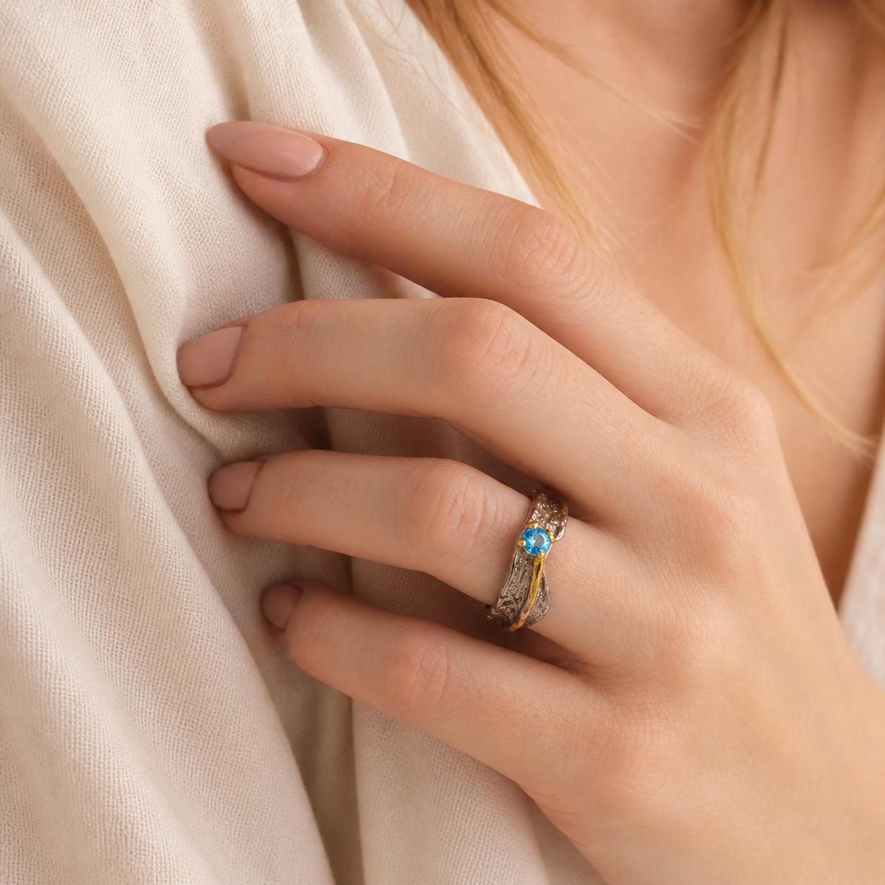 Statement Ring with Blue Gemstone, Handmade Sterling Silver 925 Jewelry, Everyday Wear Band with Topaz, Nature-Inspired Gift for Women