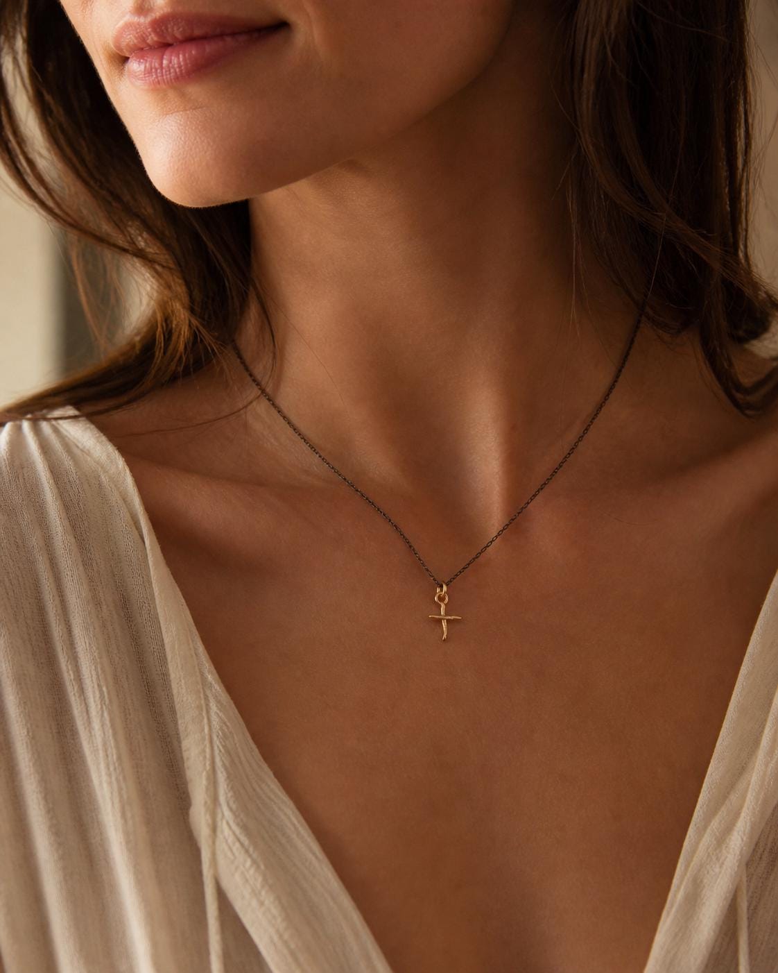 Gold Jasmine Cross Necklace, Handmade Nature Jewelry, Organic Branch Pendant, Gift for Spirituality & Faith, Sterling Silver 925