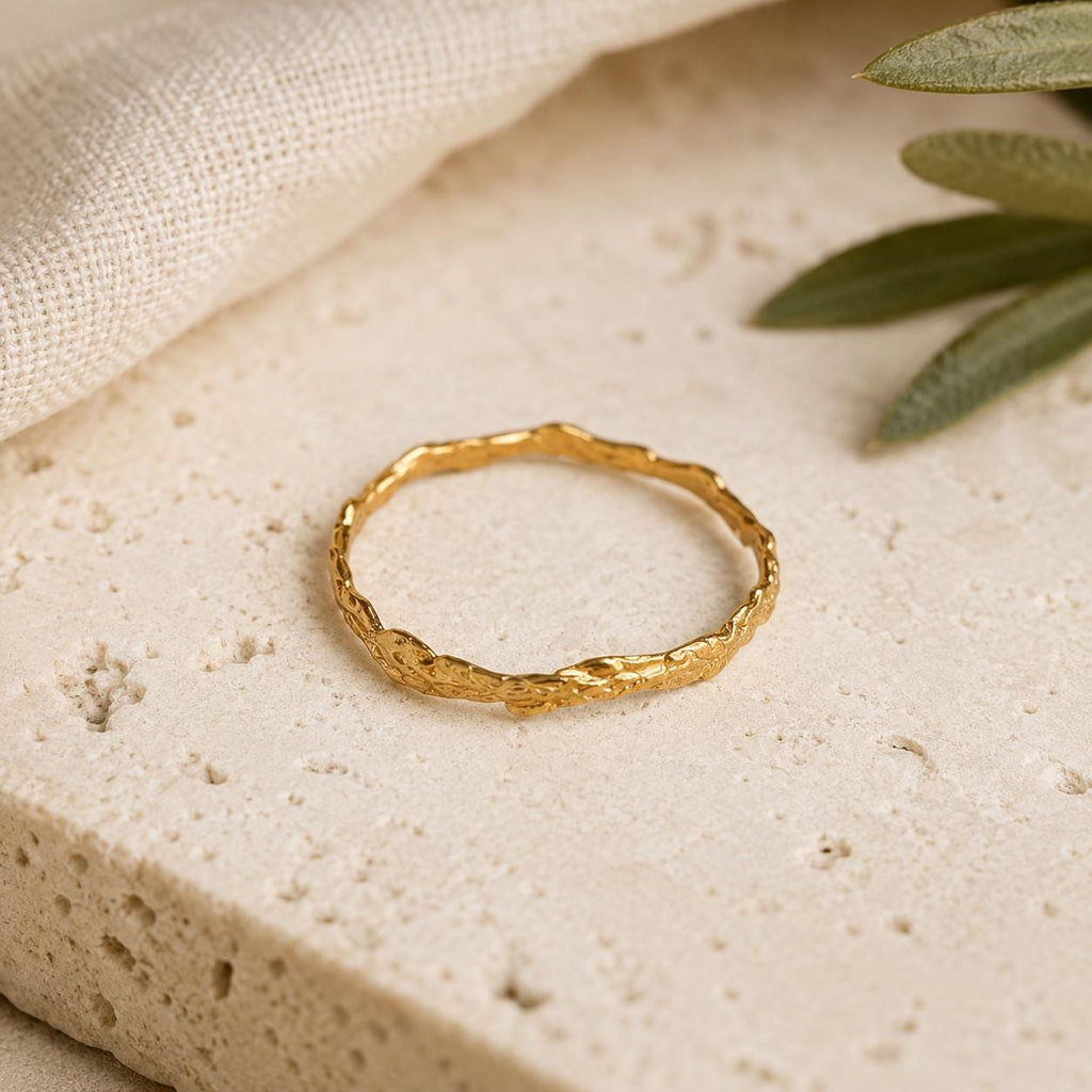 Solid Gold Juniper Branch Ring, Handmade Minimalist Jewelry, Dainty Forest Twig, Gift for Vitality & Luck, Real Gold (9K, 14K, 18K)