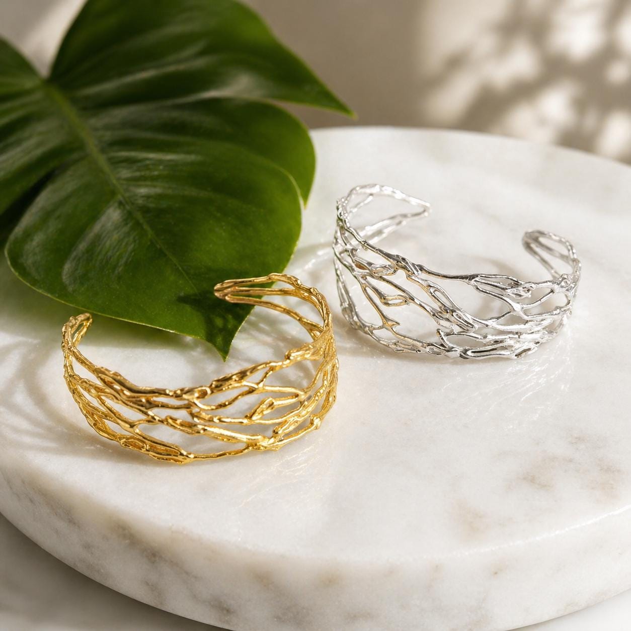 Gold Jasmine Branch Bracelet, Handmade 14K Gold Plated Sterling Silver 925 Cuff, Jewelry for Women, Nature-Inspired Birthday Gift