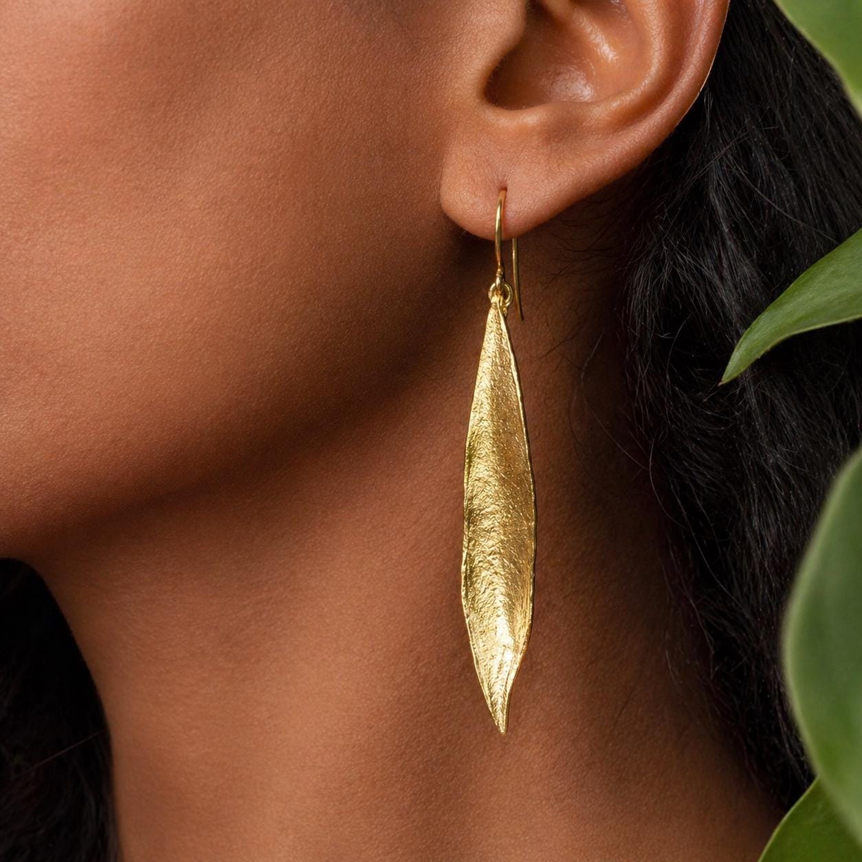 Gold Olive Leaf Dangle Earrings, Handmade Nature Jewelry, Birthday Gift for Success & Health, Eco Sustainable Sterling Silver 925
