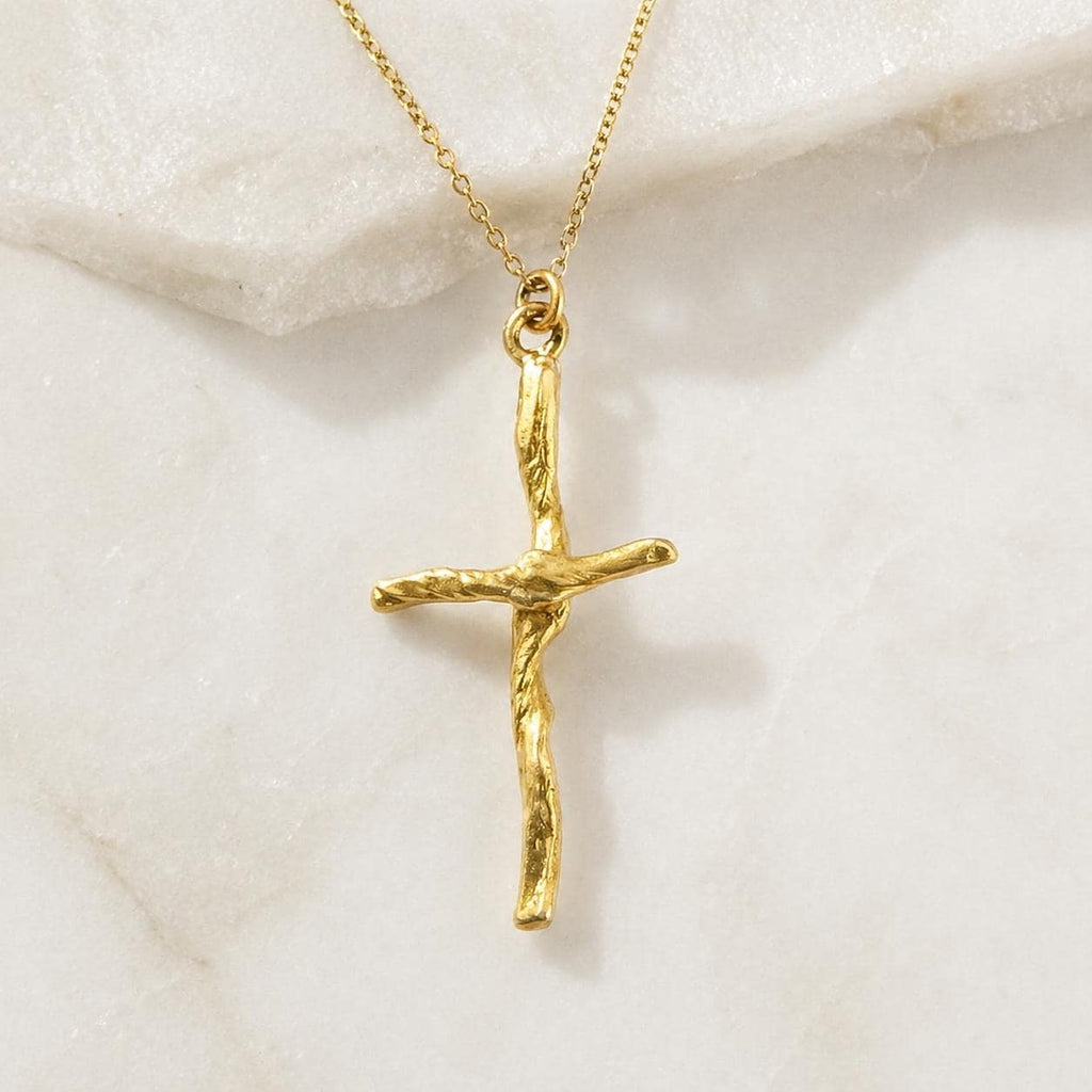 Gold Cross Necklace, Handmade Nature Jewelry, Organic Branch Pendant, Gift for Faith & Protection, Sterling Silver 925 Twig