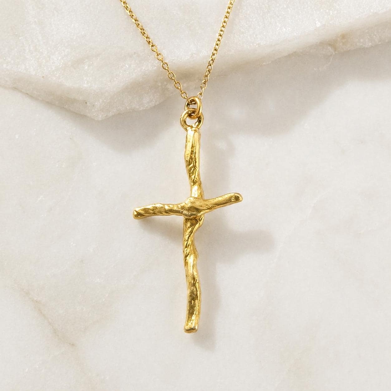 Gold Cross Necklace, Handmade Nature Jewelry, Organic Branch Pendant, Gift for Faith & Protection, Sterling Silver 925 Twig