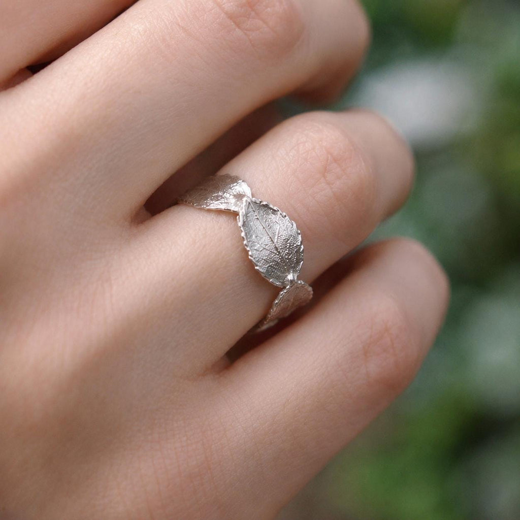 Real Rose Leaves Ring, Handmade Minimalist Jewelry, Organic Forest Band, Boho Gift for Luck & Passion, Sustainable Sterling Silver 925