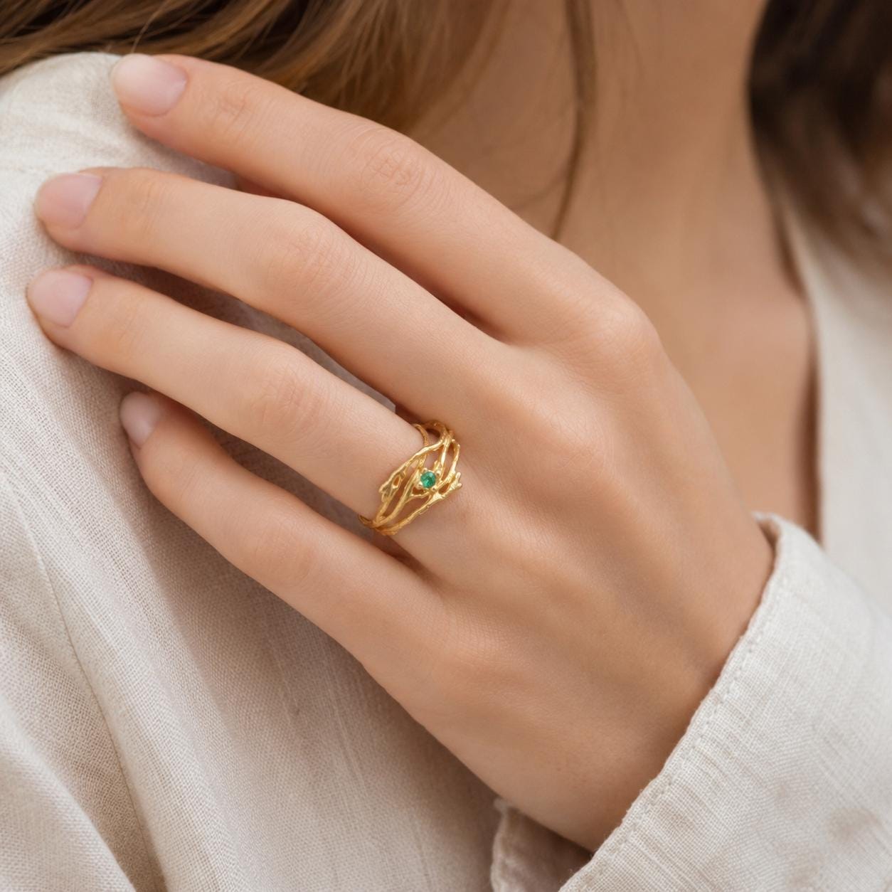 Real Jasmine Branch Ring with Zircon, Handmade Nature Jewelry, Organic Twig Band, Gift for Purity & Health, Sterling Silver 925