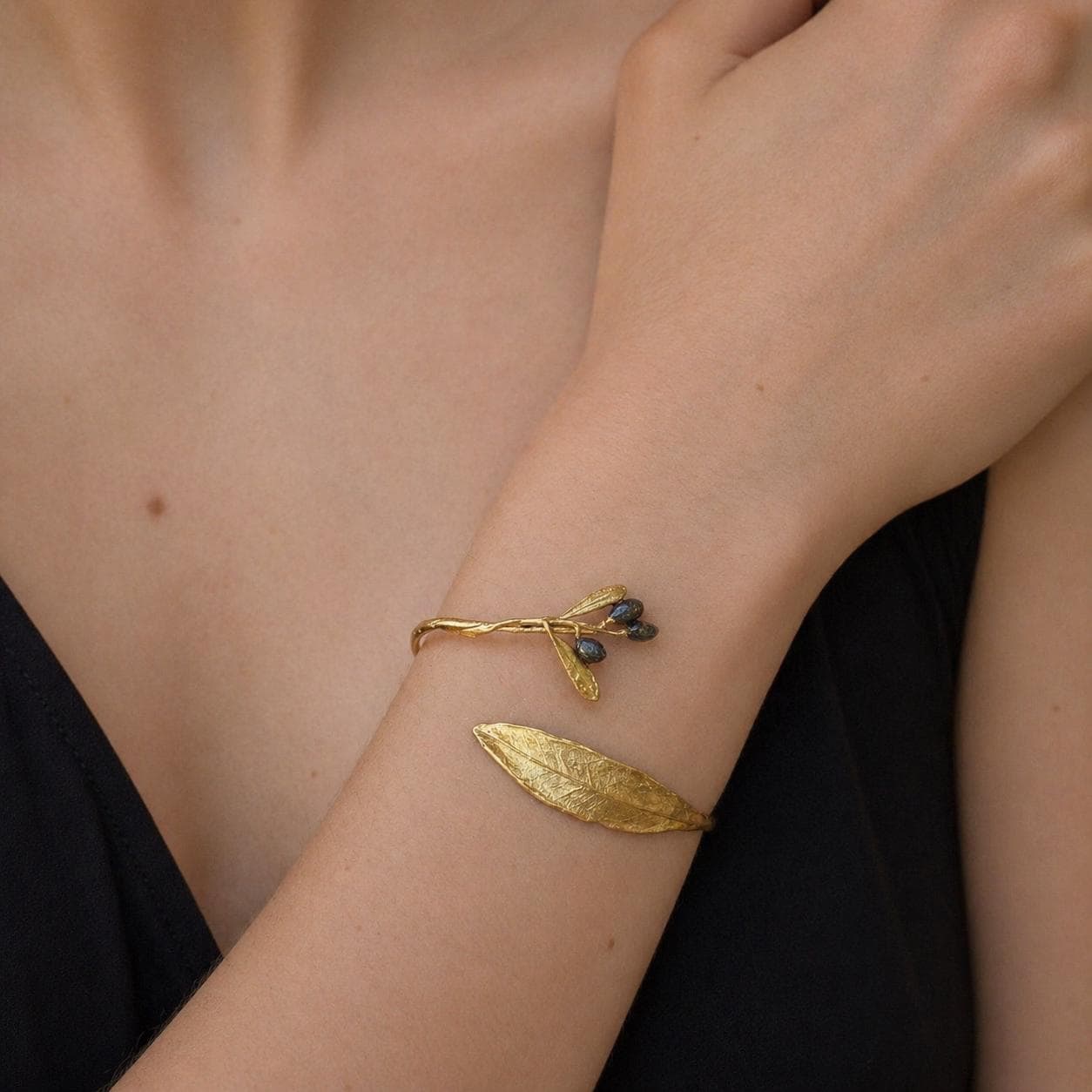Real Olive Leaf Gold Bracelet, Handmade Nature Inspired Jewelry, Organic Tree Branch Cuff, Gift for Victory & Health, Sterling Silver 925