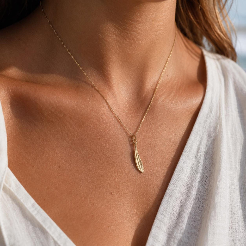 Solid Gold Leaf Necklace Jewelry, Real Gold Pendant, Gift for Her, Birthday Gift for Women, Handmade Jewelry