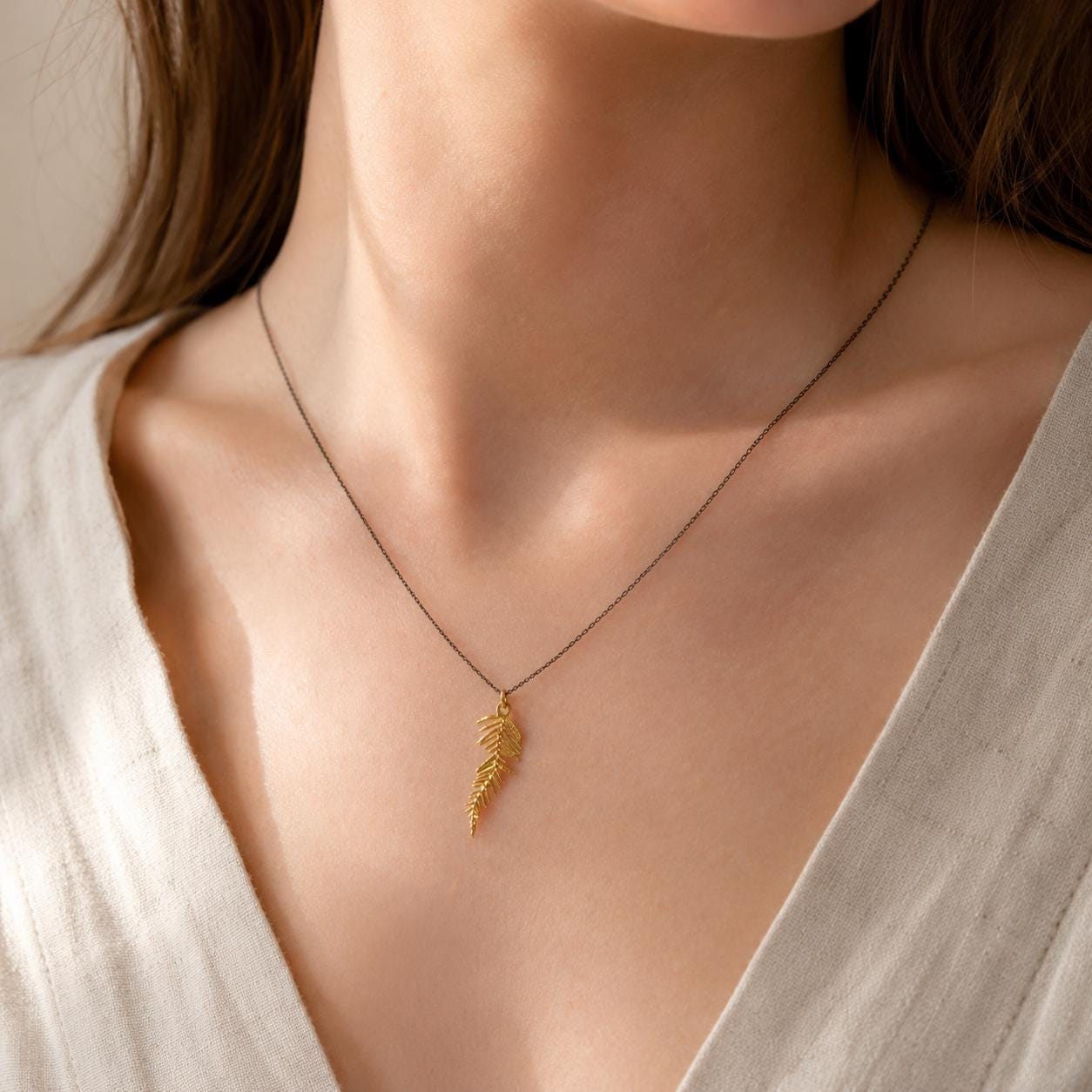 Real Acacia Leaf Necklace, Handmade Minimalist Jewelry, Organic Forest Pendant, Gift for Luck & Rejuvenation, Gold on Sterling Silver 925