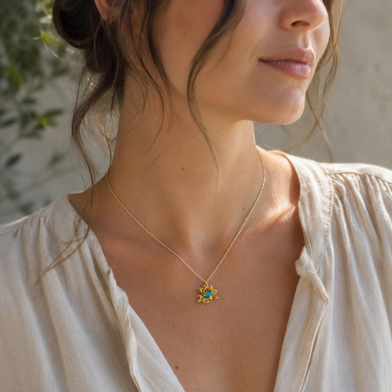 Real Daisy Flower Necklace, Handmade Nature Jewelry, Dainty Organic Pendant with Murano, Gift for Purity & Luck, Gold on Sterling Silver 925