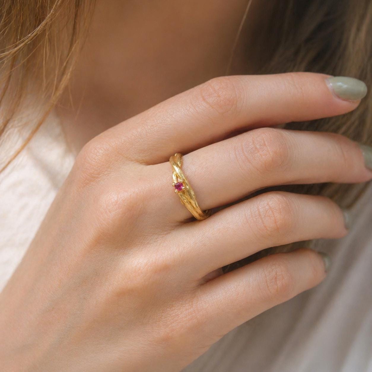 Real Olive Branch Gold Ring, Handmade Minimalist Jewelry, Organic Tree Band, Gift for Health & Luck, Gold and Sterling Silver 925