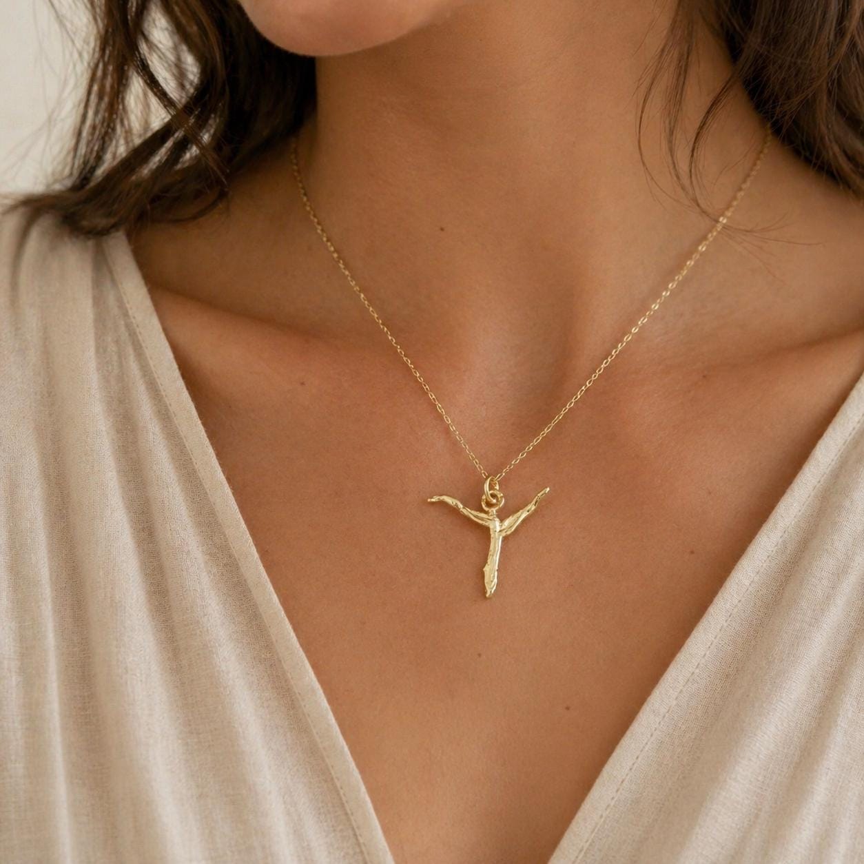 Solid Gold Acacia Branch Cross Necklace, Handmade Minimalist Jewelry, Organic Pendant, Gift for Faith & Spirituality, Real Gold (9K-18K)