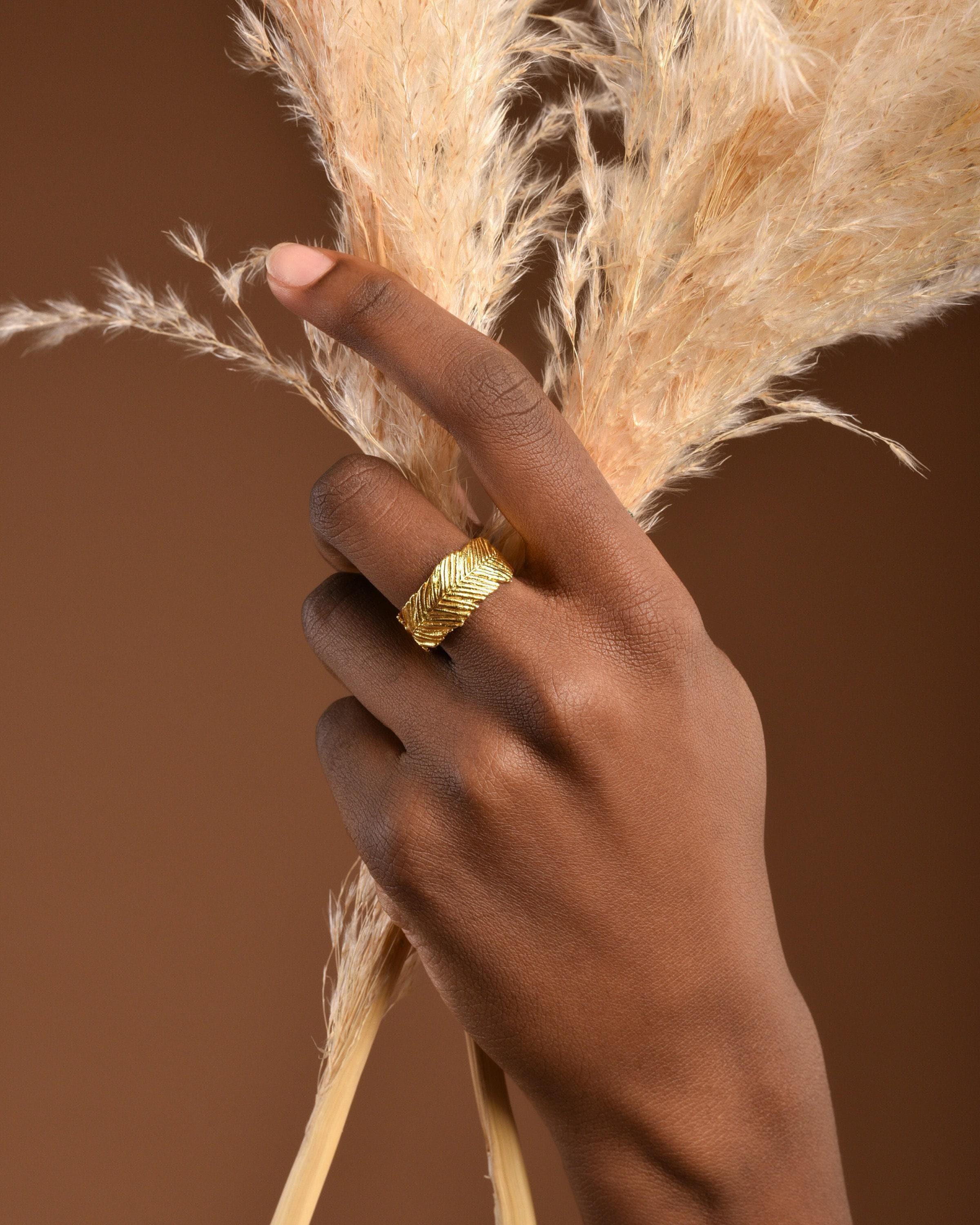 Real Mimosa Leaf Ring, Handmade Minimalist Jewelry, Organic Forest Band, Gift for Rejuvenation & Health, Gold or Sterling Silver 925