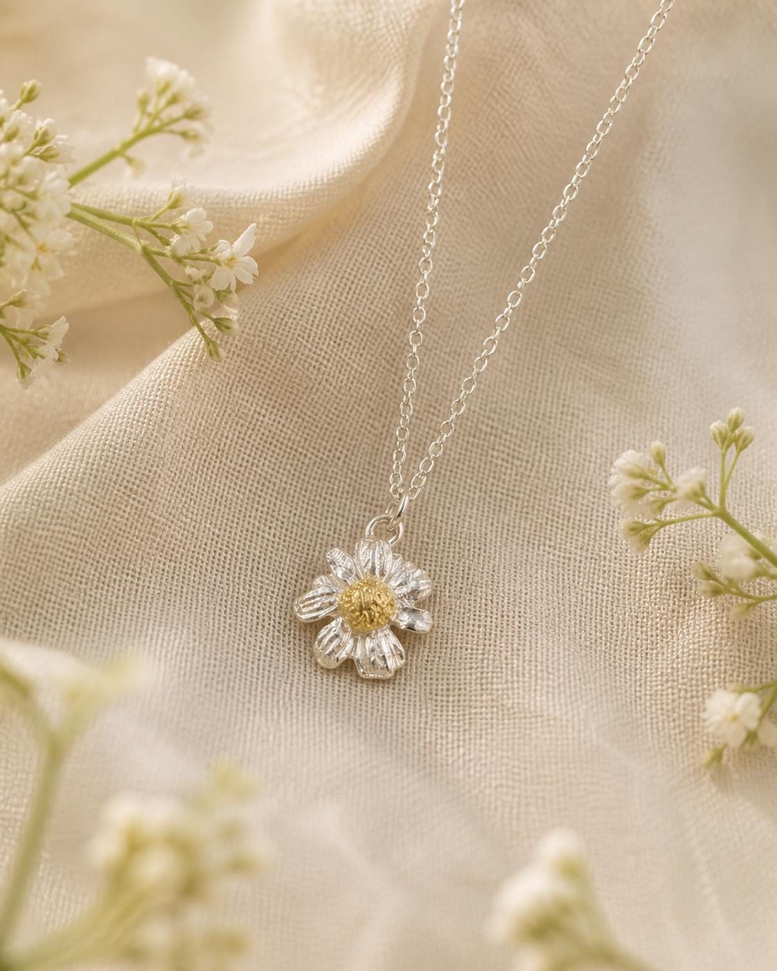 Real Chamomile Flower Pendant, Sterling Silver 925 Dainty Necklace, Handmade Minimalist Jewelry Gift, Birthday Gift for Women, Boho Fashion