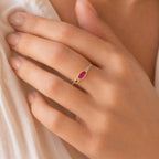 Dainty Ring with Red Gemstone, Handmade Minimalist Jewelry, Sterling Silver 925 Two-Tone Band, Dual Gem, Everyday Wear Gift for Women