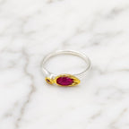 Dainty Ring with Red Gemstone, Handmade Minimalist Jewelry, Sterling Silver 925 Two-Tone Band, Dual Gem, Everyday Wear Gift for Women