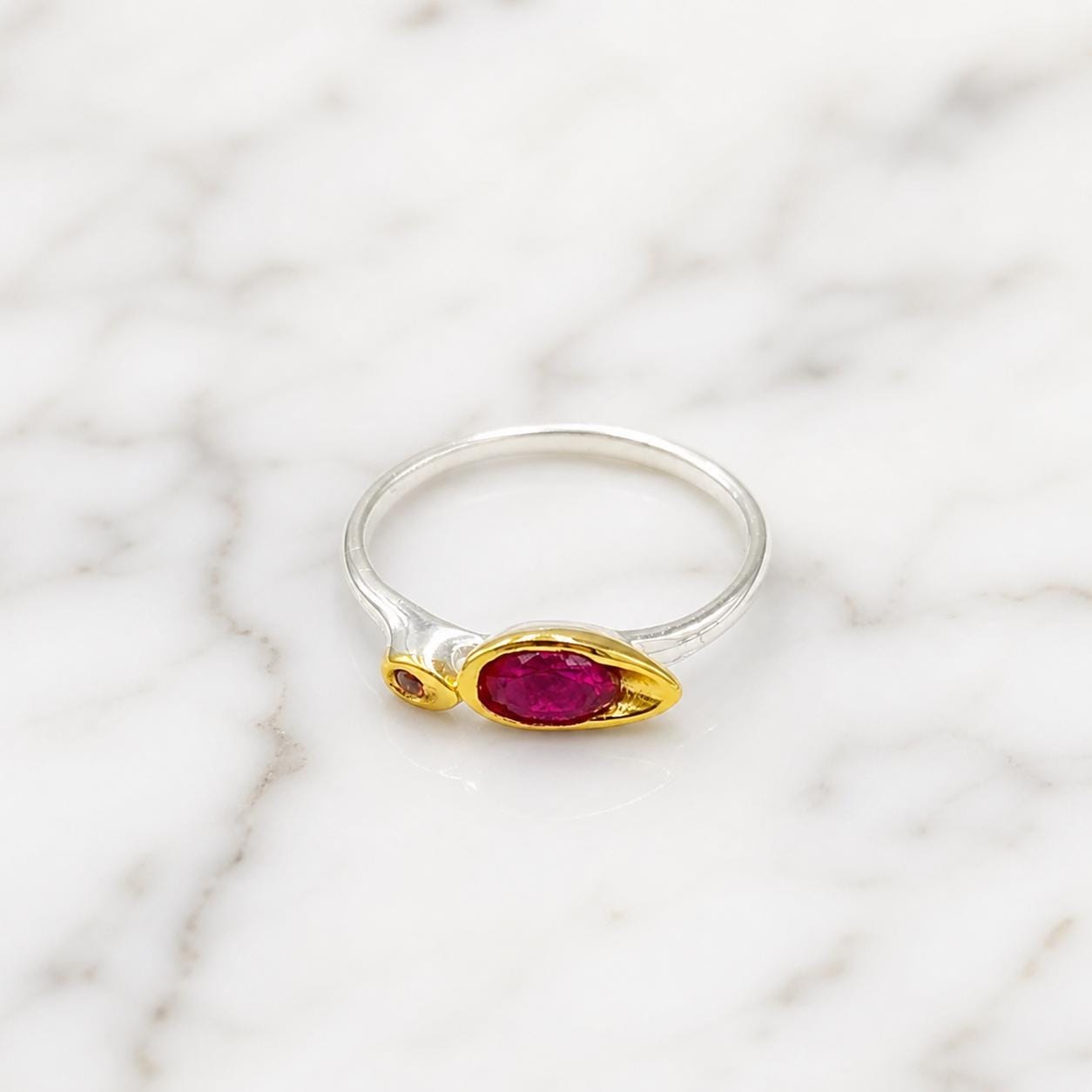 Dainty Ring with Red Gemstone, Handmade Minimalist Jewelry, Sterling Silver 925 Two-Tone Band, Dual Gem, Everyday Wear Gift for Women