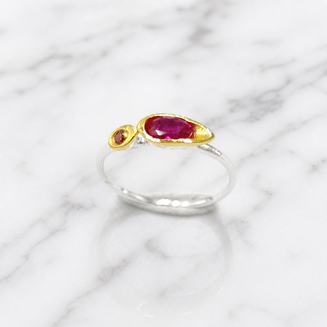 Dainty Ring with Red Gemstone, Handmade Minimalist Jewelry, Sterling Silver 925 Two-Tone Band, Dual Gem, Everyday Wear Gift for Women
