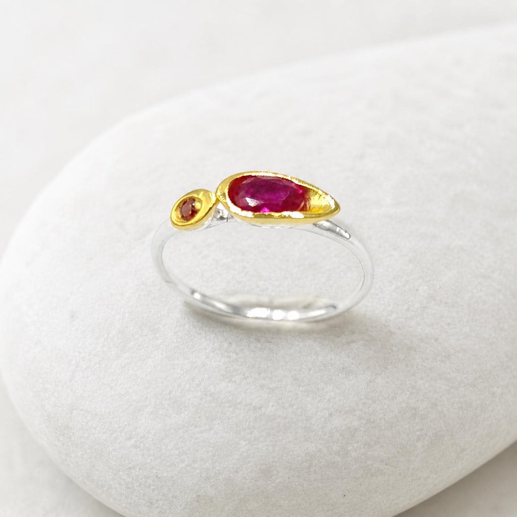 Dainty Ring with Red Gemstone, Handmade Minimalist Jewelry, Sterling Silver 925 Two-Tone Band, Dual Gem, Everyday Wear Gift for Women