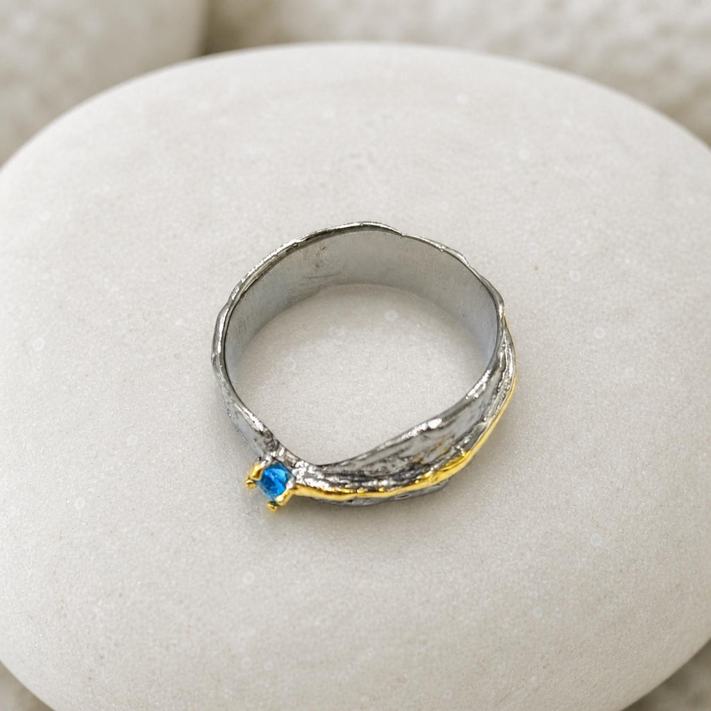 Statement Ring with Blue Gemstone, Handmade Sterling Silver 925 Jewelry, Everyday Wear Band with Topaz, Nature-Inspired Gift for Women
