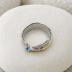 Statement Ring with Blue Gemstone, Handmade Sterling Silver 925 Jewelry, Everyday Wear Band with Topaz, Nature-Inspired Gift for Women