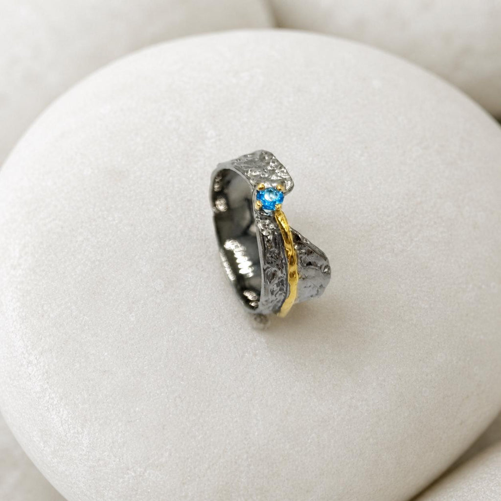 Statement Ring with Blue Gemstone, Handmade Sterling Silver 925 Jewelry, Everyday Wear Band with Topaz, Nature-Inspired Gift for Women