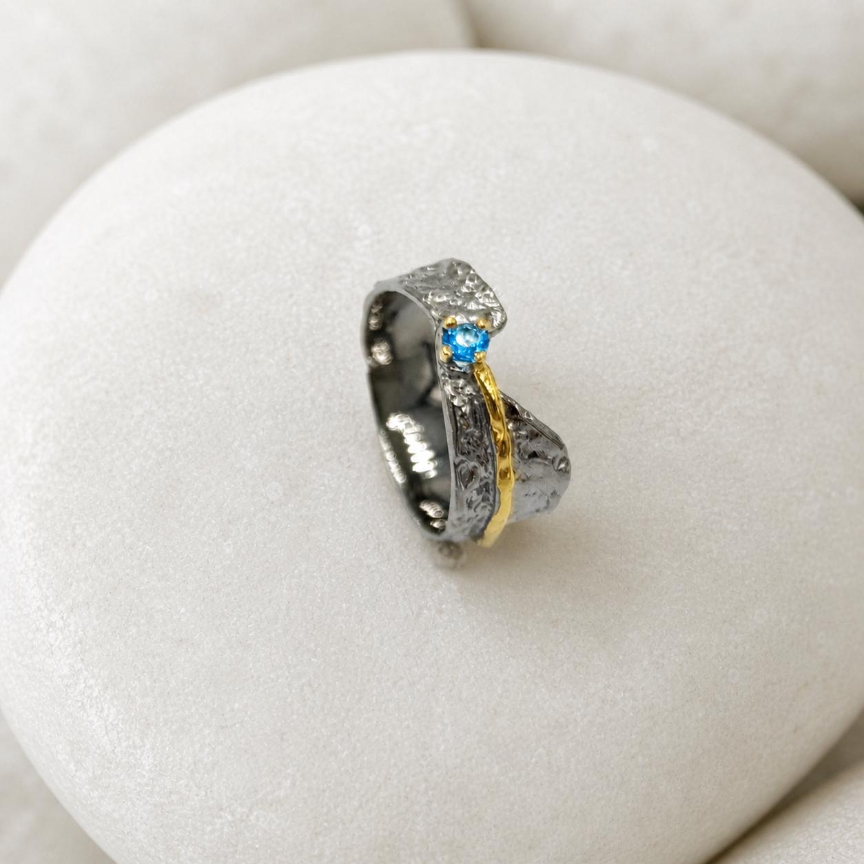 Statement Ring with Blue Gemstone, Handmade Sterling Silver 925 Jewelry, Everyday Wear Band with Topaz, Nature-Inspired Gift for Women