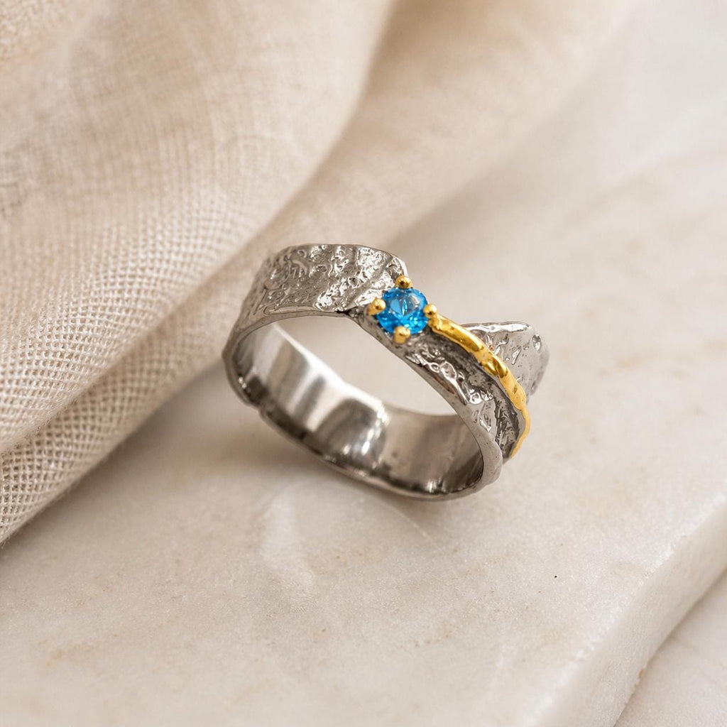 Statement Ring with Blue Gemstone, Handmade Sterling Silver 925 Jewelry, Everyday Wear Band with Topaz, Nature-Inspired Gift for Women