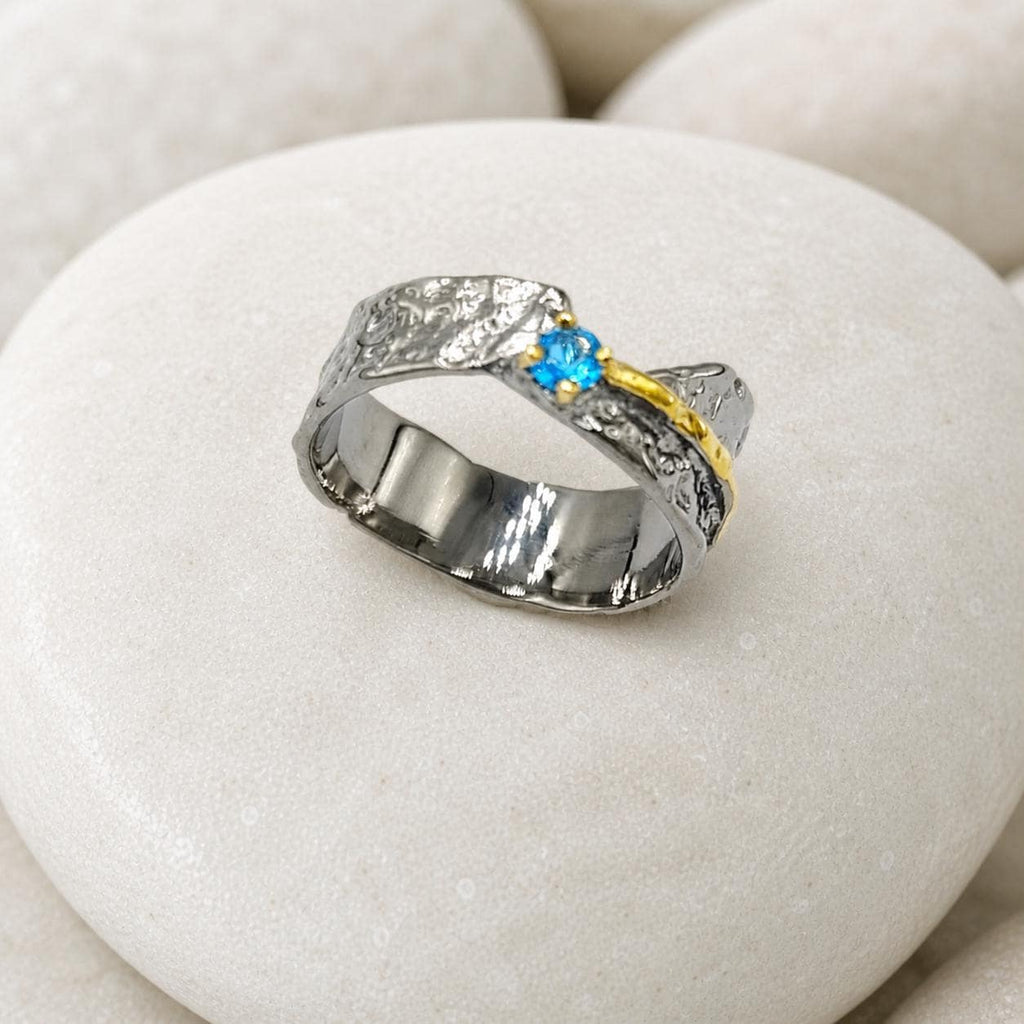 Statement Ring with Blue Gemstone, Handmade Sterling Silver 925 Jewelry, Everyday Wear Band with Topaz, Nature-Inspired Gift for Women