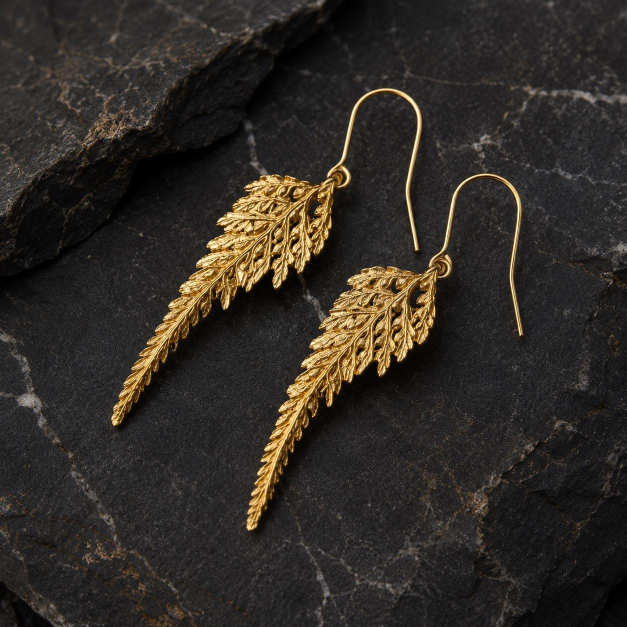 Real Fern Leaf Gold Earrings, Handmade Nature Jewelry, Organic Forest Dangles, Gift for Health & Resilience, Gold or Sterling Silver 925