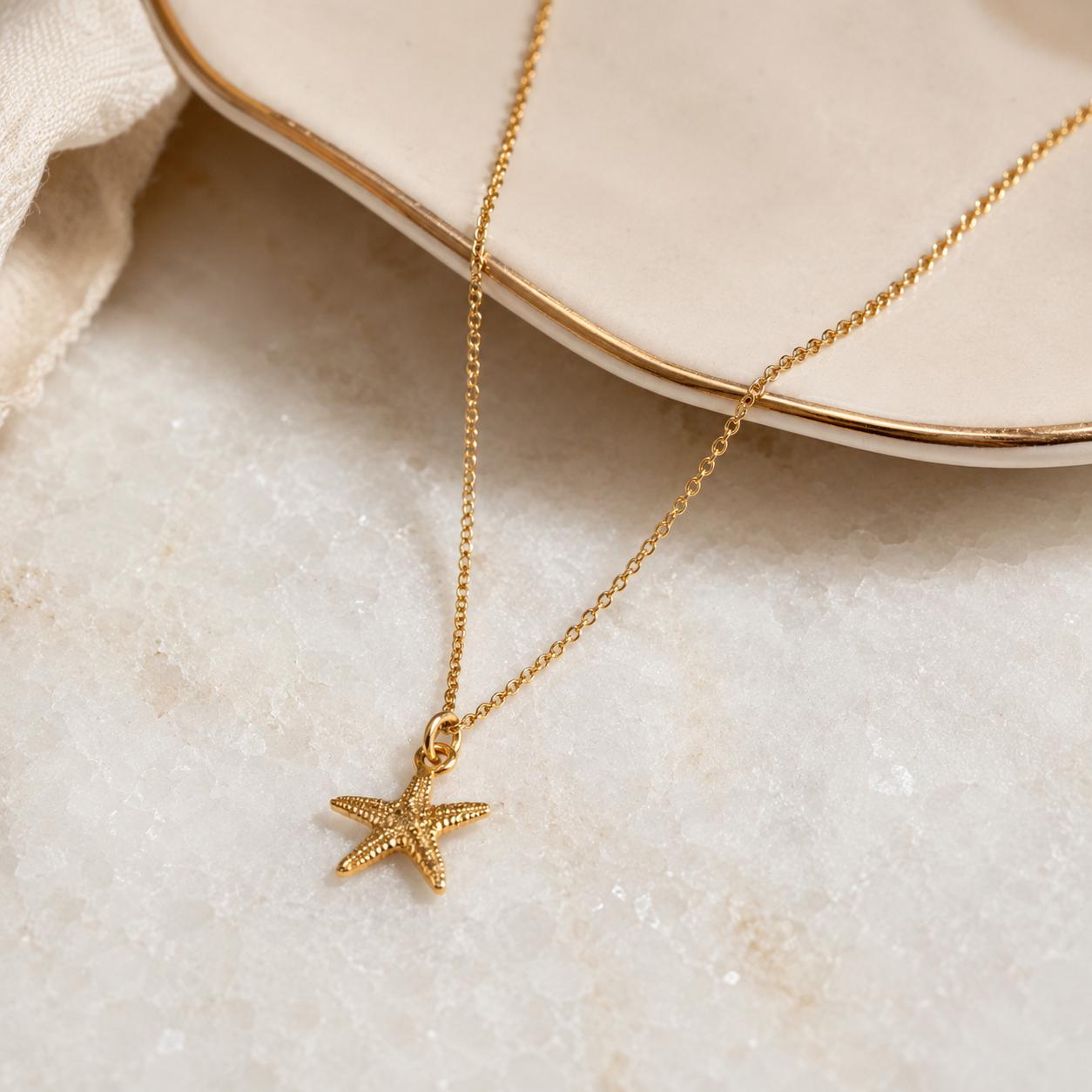 Dainty Starfish Pendant, 14K Gold Plated Sterling Silver 925 Necklace, Handmade Minimalist Sea Jewelry Gift, Birthday Gift for Women