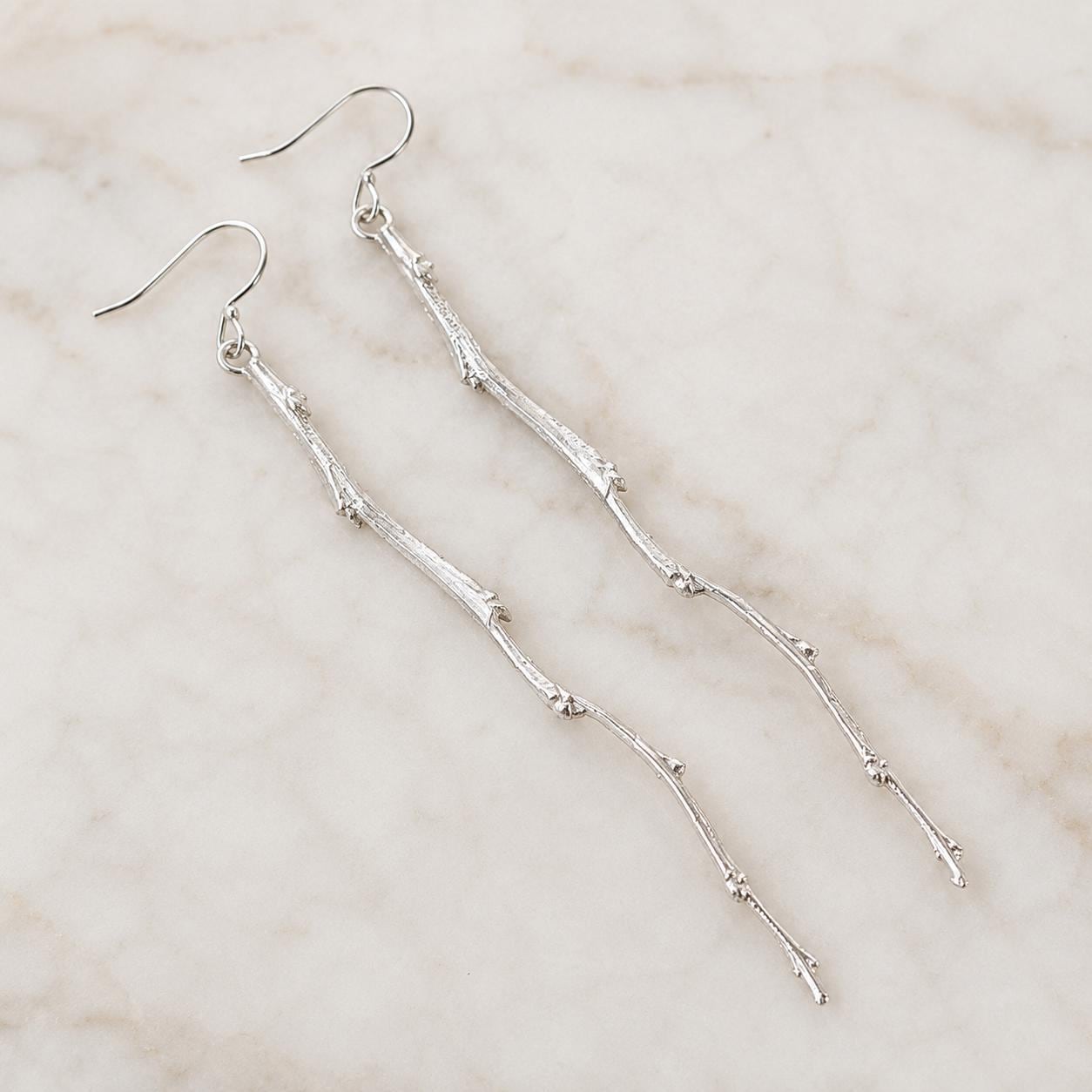 Real Pomegranate Tree Branch Earrings, Gold Plated Sterling Silver 925 Long Dangle Twig Earrings, Handmade Jewelry Gift, Birthday Gift
