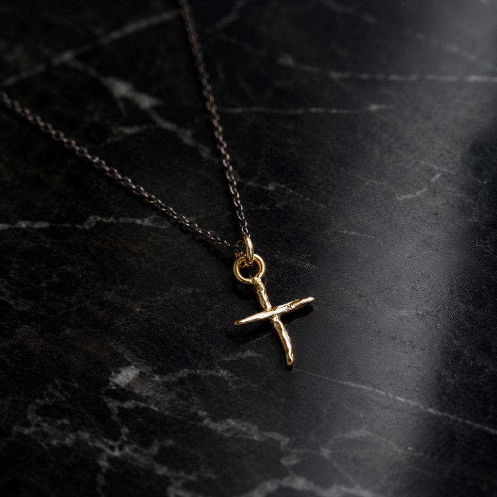 Gold Jasmine Cross Necklace, Handmade Nature Jewelry, Organic Branch Pendant, Gift for Spirituality & Faith, Sterling Silver 925