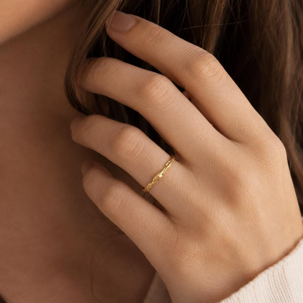 Solid Gold Juniper Branch Ring, Handmade Minimalist Jewelry, Dainty Forest Twig, Gift for Vitality & Luck, Real Gold (9K, 14K, 18K)