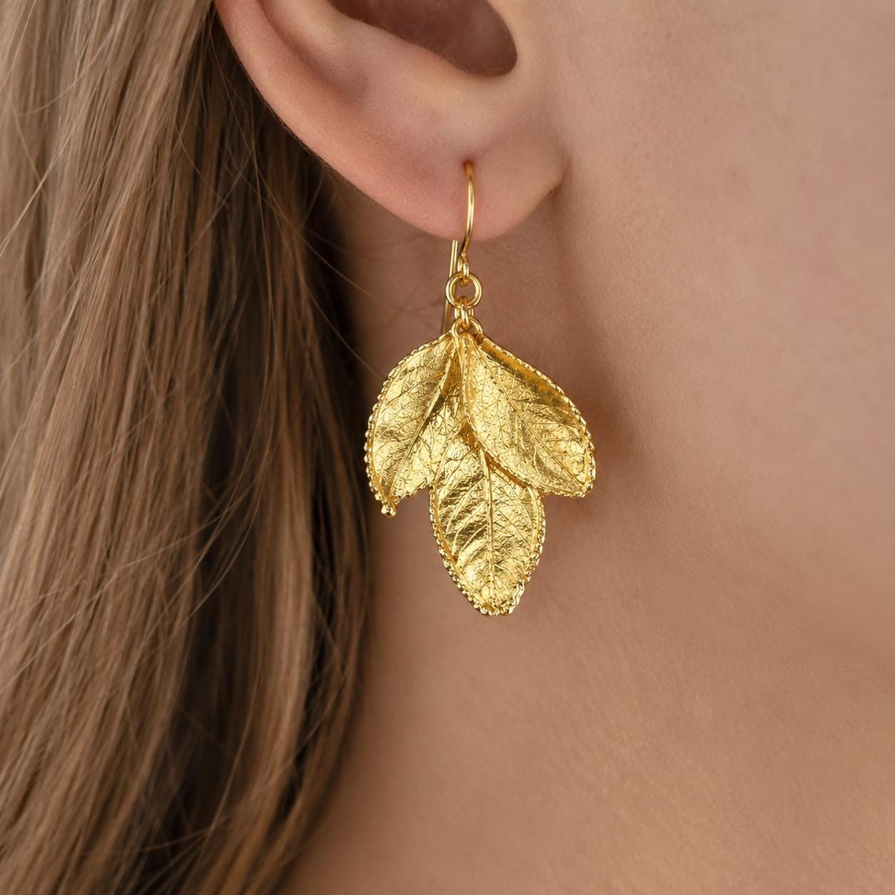 Golden Rose Leaf Earrings, Handmade Minimalist Jewelry, Boho Forest Studs, Gift for Health and Longevity, Sterling Silver 925