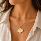 Gold Ginkgo Biloba Leaf Necklace, Handmade Nature Jewelry, Organic Forest Pendant, Gift for Success & Health, Eco Sustainable Brass