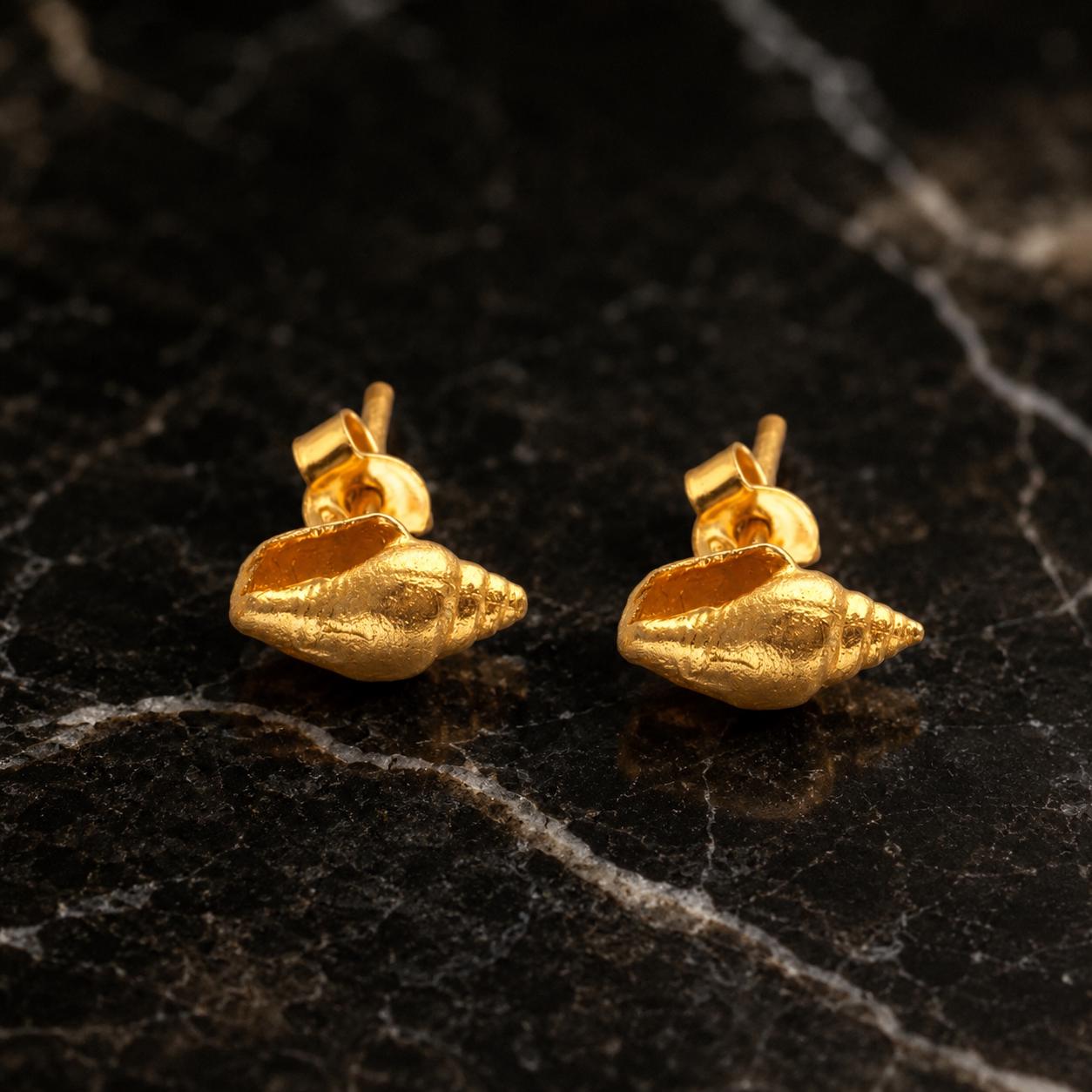 Dainty Sea Shell Earrings, Handmade Minimalist Jewelry, Organic Beach Studs, Gift for Rejuvenation & Luck, Gold on Sterling Silver 925