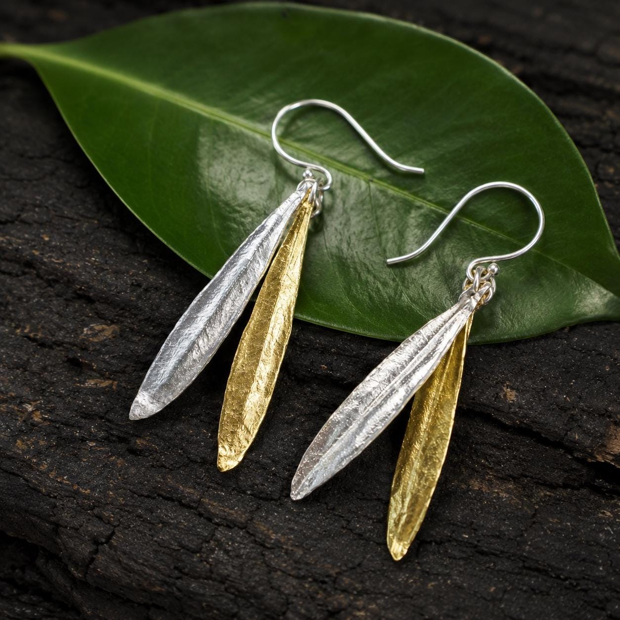 Real Olive Leaf Earrings, Handmade Nature Jewelry, Organic Dual Dangles, Gift for Vitality & Success, Gold and Sterling Silver 925