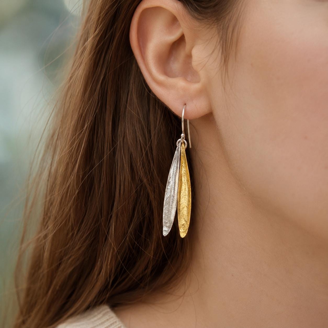 Real Olive Leaf Earrings, Handmade Nature Jewelry, Organic Dual Dangles, Gift for Vitality & Success, Gold and Sterling Silver 925