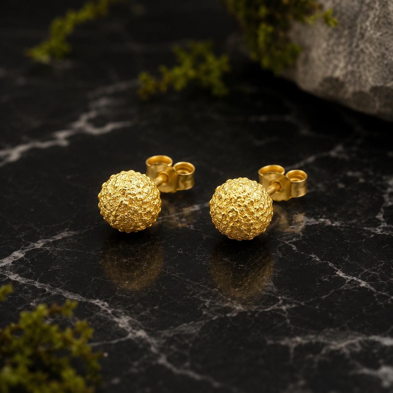 Gold Urchin Earrings, Handmade Sea Jewelry, Organic Beach Studs, Gift for Health and Longevity, Eco Sustainable Sterling Silver 925