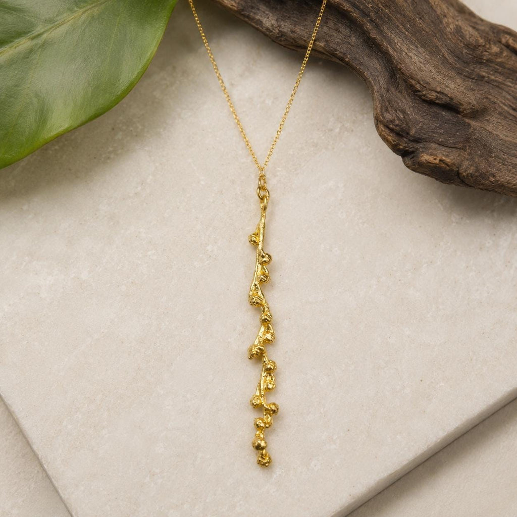 Real Mimosa Long Necklace, Handmade Nature Jewelry, Organic Forest Pendant, Gift for Bright Luck, Eco Sustainable Sterling Silver 925