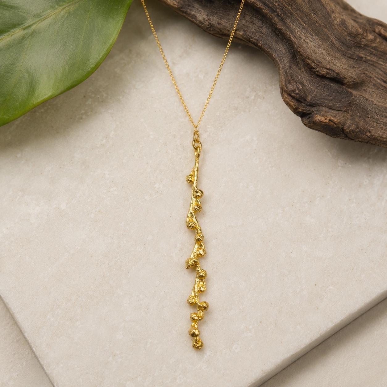 Real Mimosa Long Necklace, Handmade Nature Jewelry, Organic Forest Pendant, Gift for Bright Luck, Eco Sustainable Sterling Silver 925