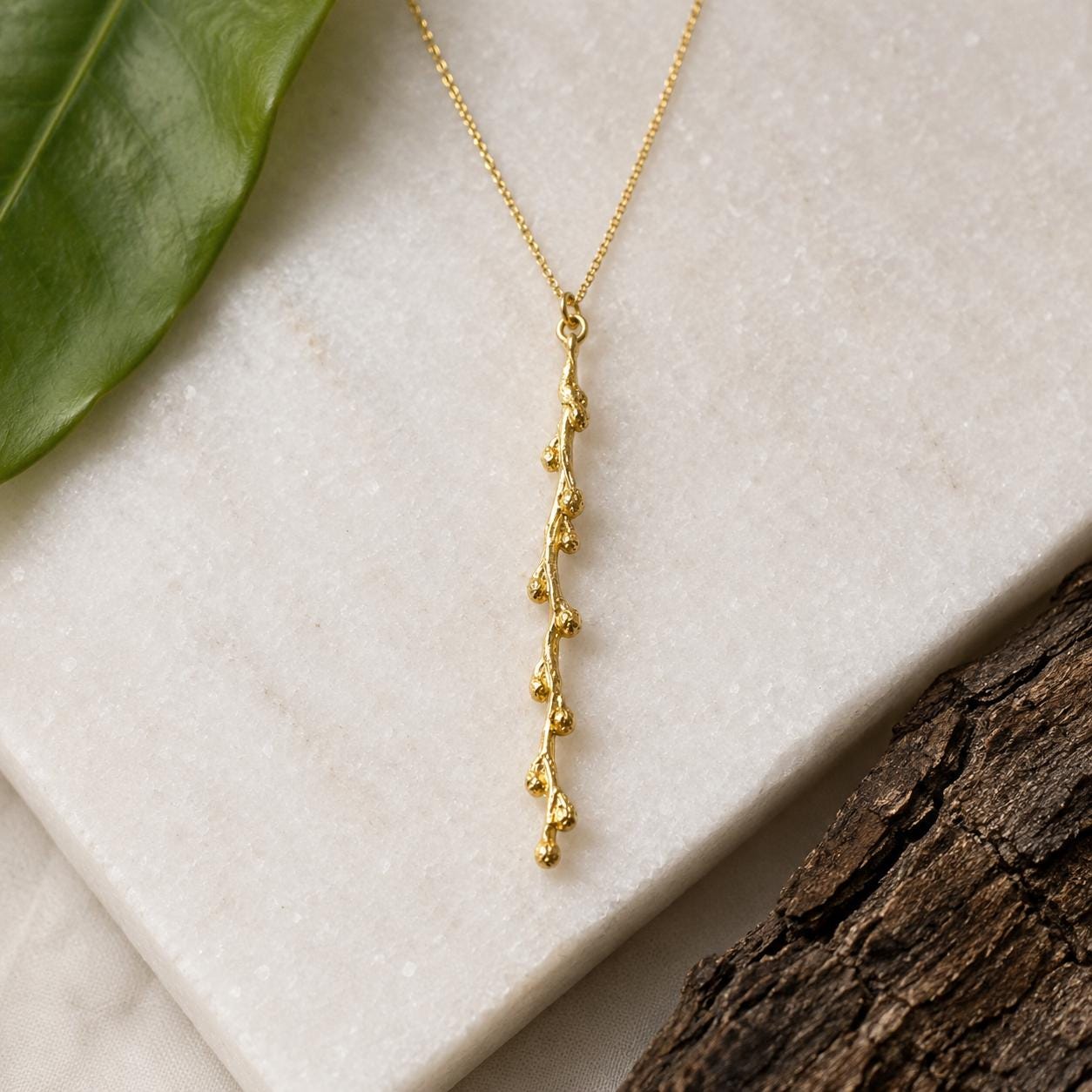 Real Mimosa Long Necklace, Handmade Nature Jewelry, Organic Forest Pendant, Gift for Bright Luck, Eco Sustainable Sterling Silver 925