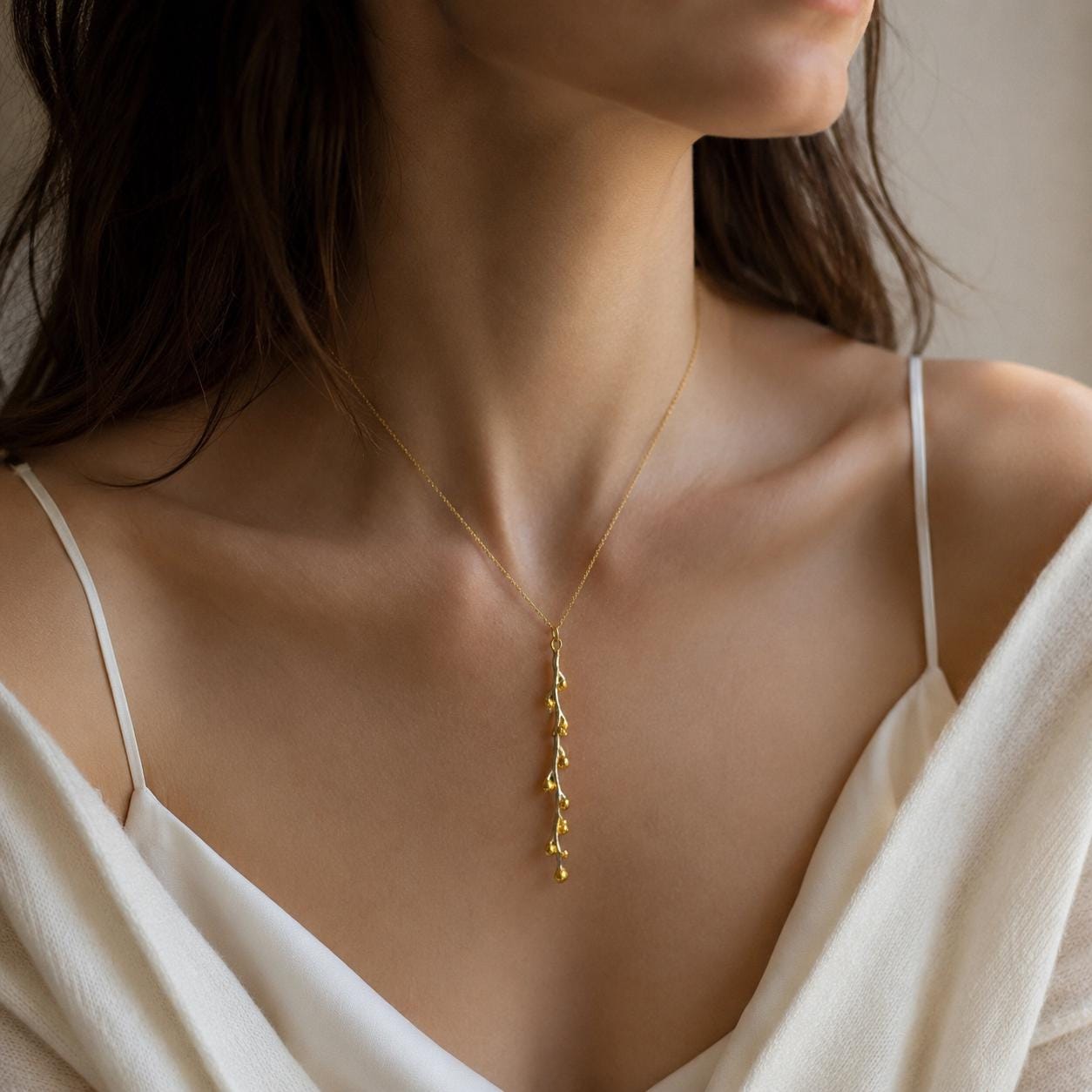 Real Mimosa Long Necklace, Handmade Nature Jewelry, Organic Forest Pendant, Gift for Bright Luck, Eco Sustainable Sterling Silver 925