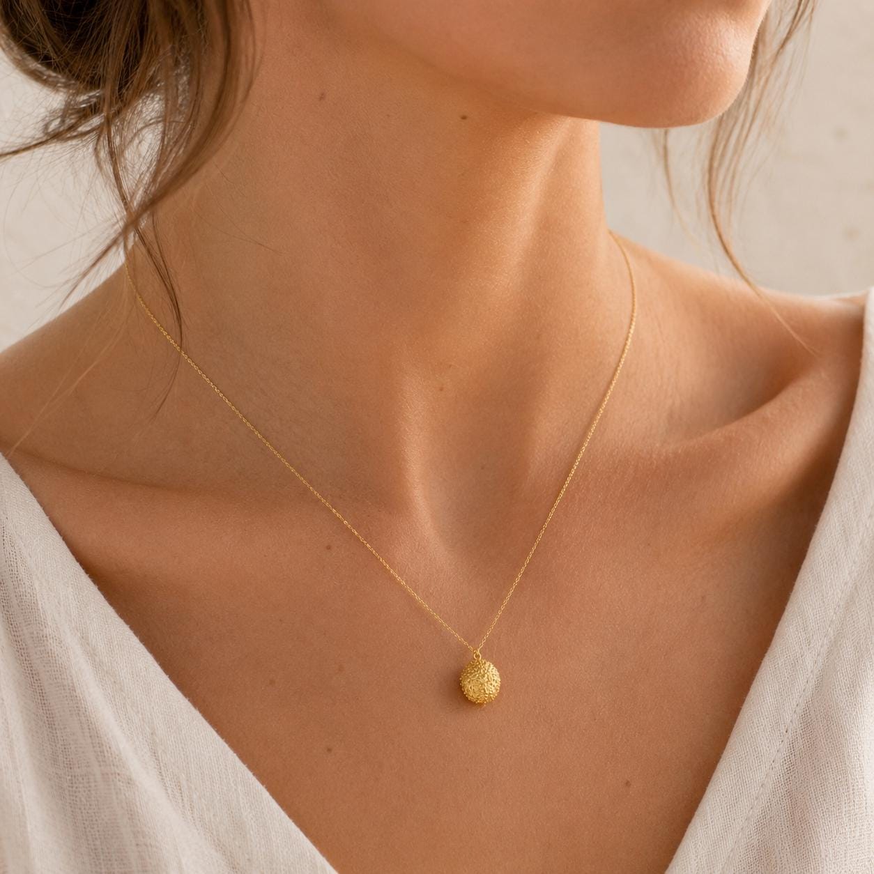 Tiny Urchin Gold Necklace, Handmade Minimalist Jewelry, Nature-Inspired Ocean Pendant, Gift for Renewal and Health, Sterling Silver 925