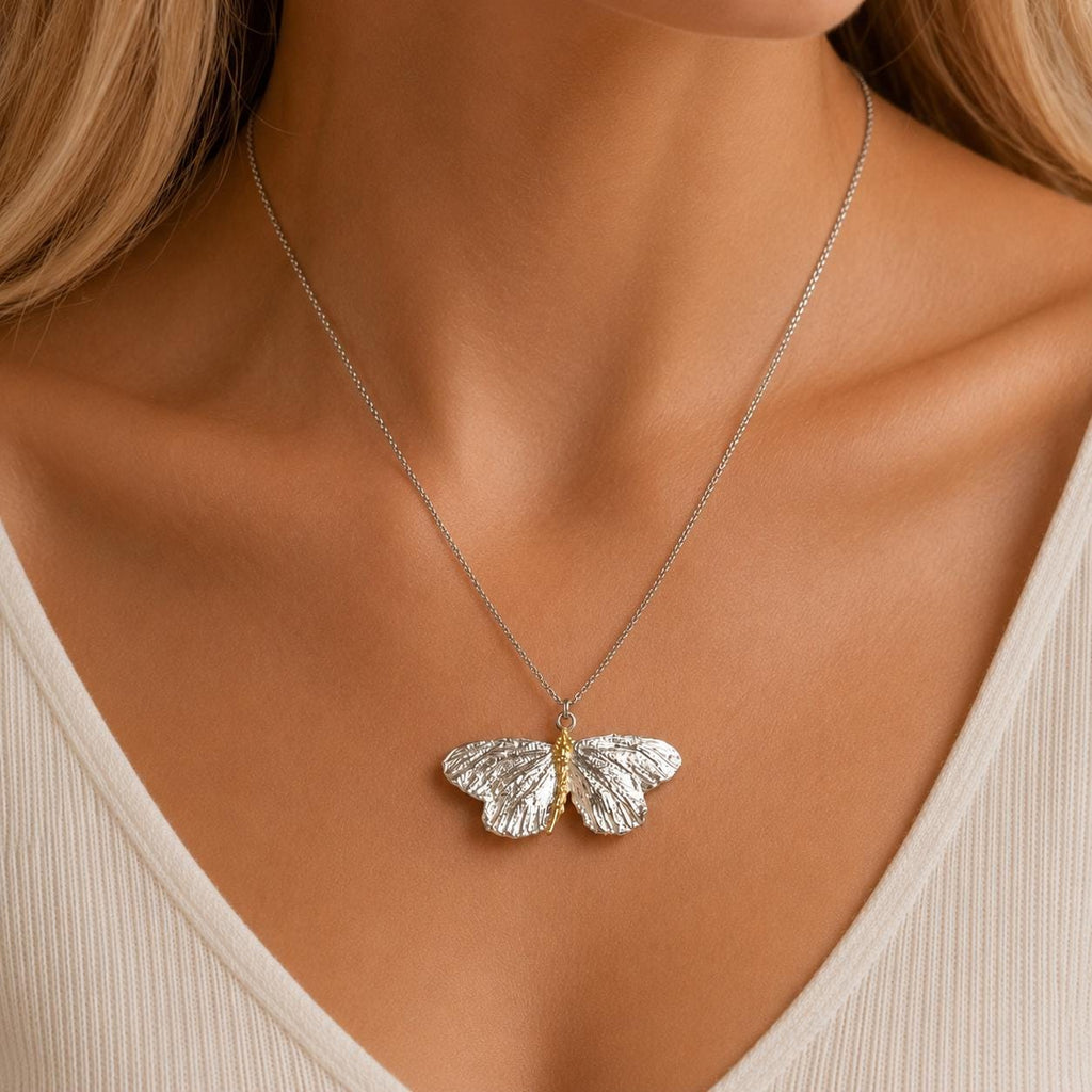 Real Butterfly Necklace, Handmade Nature Jewelry, Organic Pendant Gift for Luck & Freedom, Eco Sustainable Sterling Silver 925