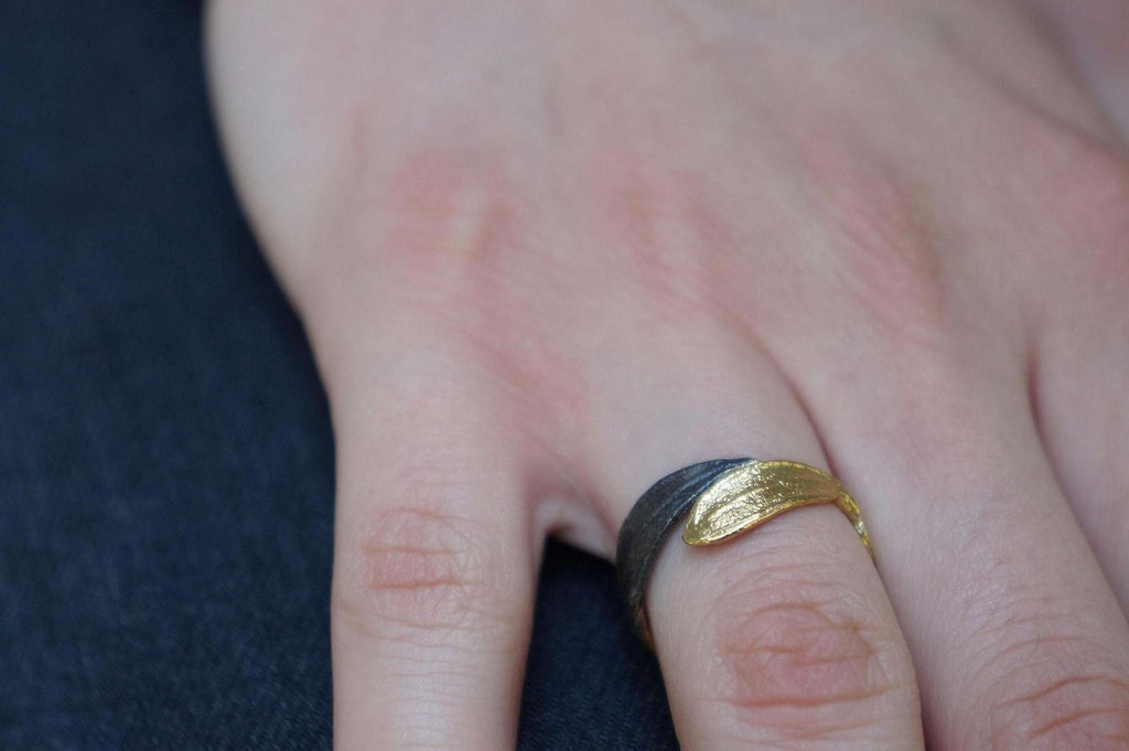 Gold Olive Leaf Ring with Black Rhodium, Handmade Minimalist Jewelry, Organic Tree Band, Gift for Health and Longevity, Sterling Silver 925