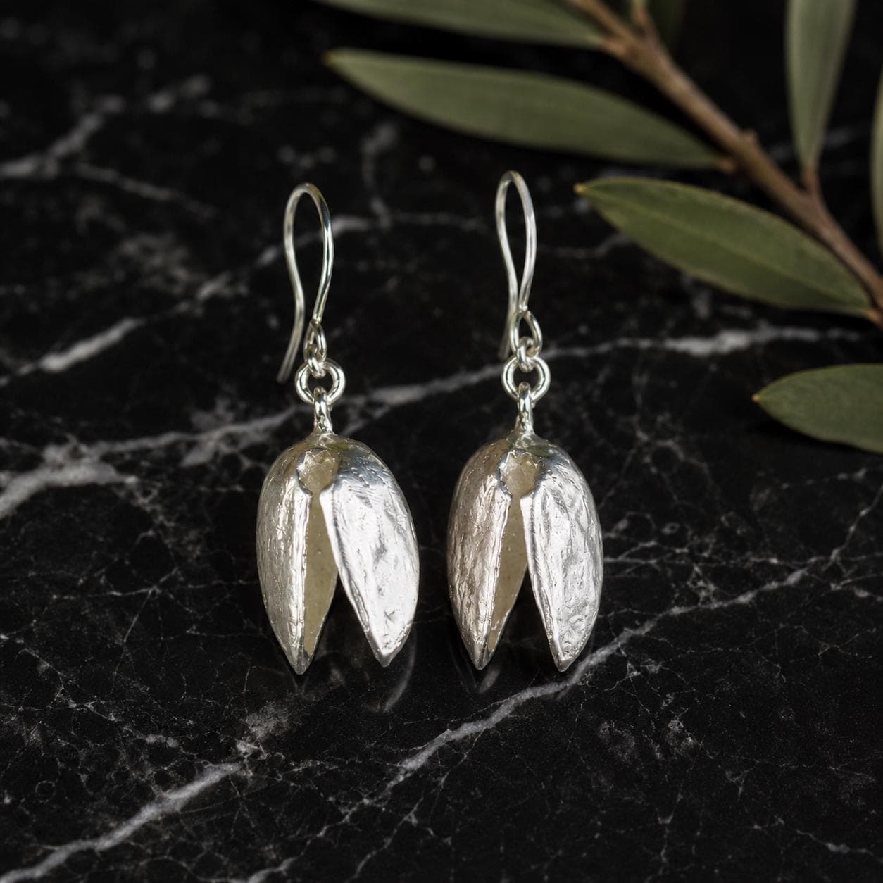 Real Pistachio Earrings, Handmade Nature Jewelry, Everyday Gold Dangles, Gift for Prosperity and Luck, Eco Sustainable Sterling Silver 925