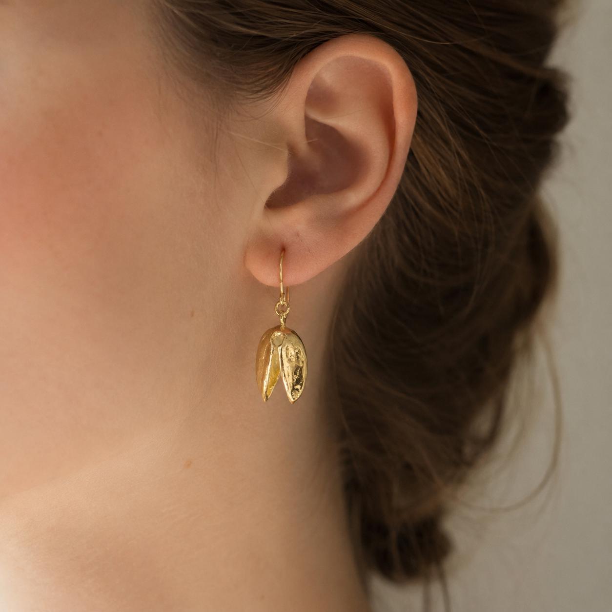 Real Pistachio Earrings, Handmade Nature Jewelry, Everyday Gold Dangles, Gift for Prosperity and Luck, Eco Sustainable Sterling Silver 925